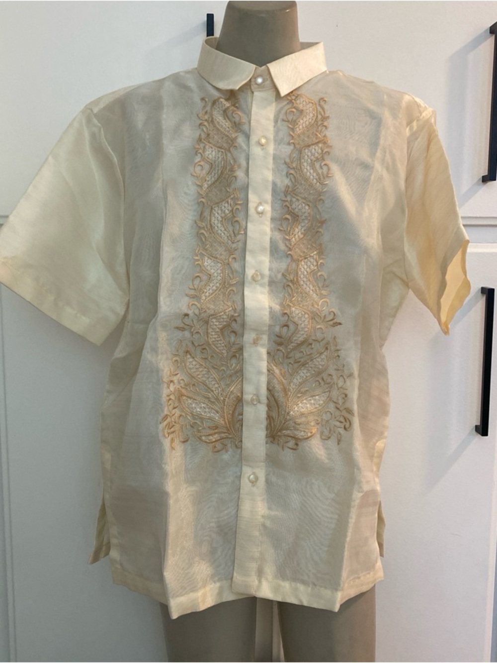Men's Barong Tagalog 2XL Embroidered Barong-Inspired Short Sleeve Shirt - Cream